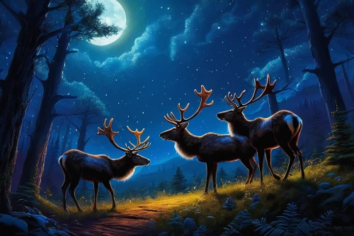 deer illustration,deers,glowing antlers,deer,forest animals,european deer,forest background,deer drawing,stag,pere davids deer,elk,winter deer,woodland animals,fantasy picture,forest of dreams,coniferous forest,red deer,whitetail,moonlit night,fawns,Illustration,Realistic Fantasy,Realistic Fantasy 32