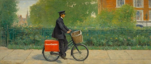 woman bicycle,cyclist,delivery man,academic dress,bicycle mechanic,pedestrian,a pedestrian,vendor,girl with a wheel,woman with ice-cream,bicycle,courier driver,velocipede,shopper,newspaper delivery,delivery service,man with umbrella,seller,the coca-cola company,postman,Art,Classical Oil Painting,Classical Oil Painting 13