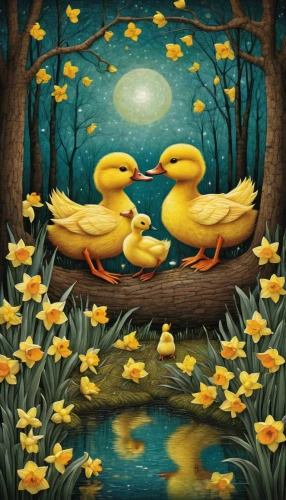 ducklings,duckling,rubber ducks,springtime background,wild ducks,children's background,motif,goslings,ducks,swans,ducks  geese and swans,swan lake,waterfowls,bird painting,songbirds,spring background,water birds,flower and bird illustration,spring equinox,waterfowl,Illustration,Abstract Fantasy,Abstract Fantasy 19