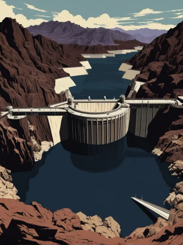 hydropower plant,hydroelectricity,wastewater,water resources,sewage treatment plant,mining facility,glen canyon,water power,reservoir,wastewater treatment,dam,water supply,alluvial fan,futuristic landscape,atomic age,waste water system,toktogul dam,water tank,artificial island,powerplant,Illustration,Black and White,Black and White 09