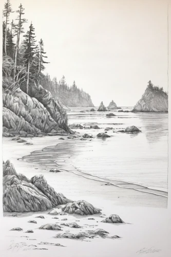 ruby beach,tofino,coastal landscape,navajo bay,beach landscape,granite island,maine,pacific coastline,coastline,cliff beach,charcoal drawing,the coast,split rock,discovery park,mendocino,coast line,northeast beach,cliff coast,an island far away landscape,inlet,Illustration,Retro,Retro 04