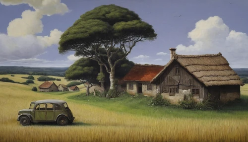 rural landscape,grant wood,farm landscape,thatched cottage,home landscape,village scene,straw hut,farm hut,rural,dutch landscape,suitcase in field,morris minor,village life,2cv,country cottage,countryside,rural style,farm background,gable field,tractor,Illustration,Realistic Fantasy,Realistic Fantasy 07