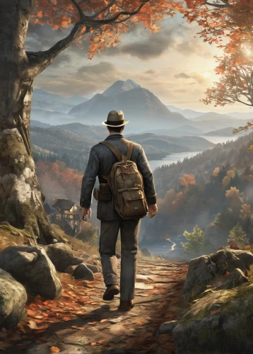 autumn background,autumn mountains,hiker,autumn landscape,world digital painting,autumn walk,landscape background,fall landscape,game illustration,autumn theme,the wanderer,hiking path,farmer in the woods,background image,autumn scenery,mountain hiking,backpacking,mountain scene,the spirit of the mountains,appalachian trail,Illustration,Black and White,Black and White 25