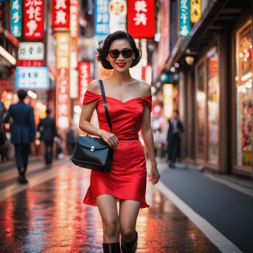man in red dress,girl in red dress,japanese woman,lady in red,fashion street,woman walking,asian woman,women fashion,retro woman,vintage asian,girl walking away,street photography,chinatown,woman shopping,china town,retro girl,oriental girl,retro women,shopping street,vietnamese woman,Photography,General,Cinematic