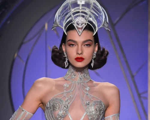 haute couture,headpiece,fashion design,costume design,ice queen,art deco woman,artist's mannequin,tiger lily,runway,asian costume,crinoline,headdress,fashion illustration,macrame,miss vietnam,bridal veil,costume accessory,shoulder pads,miss circassian,bridal clothing,Conceptual Art,Sci-Fi,Sci-Fi 29