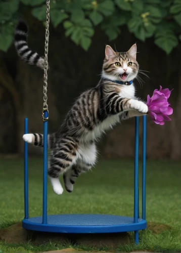 hanging cat,american shorthair,cats playing,climbing slippery pole,cat toy,garden swing,hanging swing,teeter-totter,swing set,circus animal,european shorthair,playing outdoors,swing,acrobat,swinging,cute cat,funny cat,seesaw,golden swing,parallel bars,Conceptual Art,Fantasy,Fantasy 30