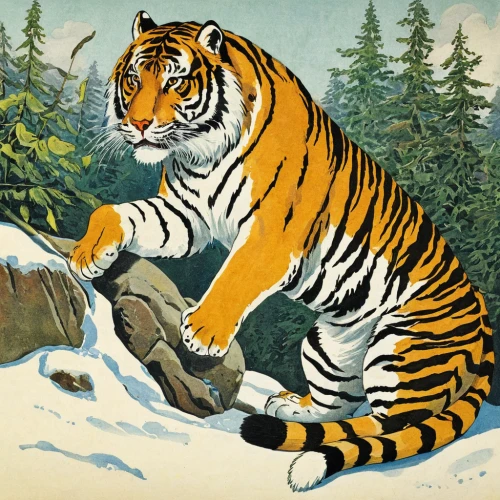 siberian tiger,a tiger,tiger,tigers,amurtiger,asian tiger,bengal tiger,type royal tiger,tiger png,tigerle,chestnut tiger,the amur adonis,amur adonis,royal tiger,winter animals,kamchatka,young tiger,vintage illustration,siberian,snow scene,Art,Classical Oil Painting,Classical Oil Painting 39