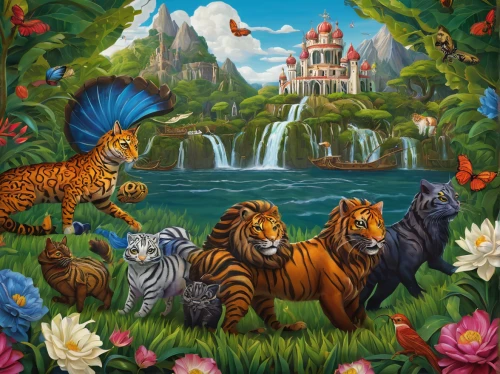 forest animals,tropical animals,fantasy picture,whimsical animals,fantasy art,animals hunting,woodland animals,tigers,fantasy world,wild animals,animal world,fauna,children's fairy tale,children's background,animal zoo,exotic animals,3d fantasy,animal kingdom,fairy world,felidae,Illustration,Abstract Fantasy,Abstract Fantasy 12