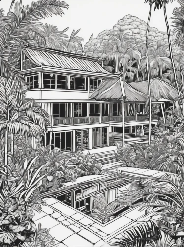 tropical house,beach house,palm house,samoa,malayan,palm garden,garden elevation,house drawing,the palm house,stilt house,palm field,beachhouse,hawaii bamboo,cool woodblock images,palm leaves,hand-drawn illustration,palm branches,guam,barbados,bungalow,Illustration,Black and White,Black and White 19