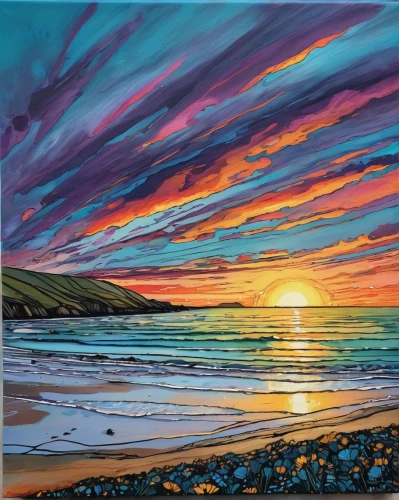 coast sunset,beach landscape,carol colman,sunset beach,seascape,sunrise beach,coastal landscape,sea landscape,oil painting on canvas,painting technique,glass painting,art painting,perranporth,donegal,carbis bay,northumberland,wicklow,sea beach-marigold,oil painting,cornwall,Illustration,Realistic Fantasy,Realistic Fantasy 23