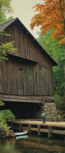 covered bridge,wooden bridge,water mill,log bridge,boathouse,old mill,boat house,digital compositing,boat shed,japan landscape,dutch mill,world digital painting,wooden roof,log home,wooden house,autumn idyll,fisherman's house,hangman's bridge,timber framed building,water wheel,Conceptual Art,Sci-Fi,Sci-Fi 05