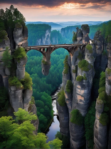 saxon switzerland,bastei,devil's bridge,scenic bridge,elbe sandstone mountains,hohenzollern bridge,rock bridge,dragon bridge,cantilever bridge,bridges,suspension bridge,canyon,bridge,tied-arch bridge,bridge arch,extradosed bridge,chain bridge,rainbow bridge,hanging bridge,bridge new europe,Illustration,Realistic Fantasy,Realistic Fantasy 34