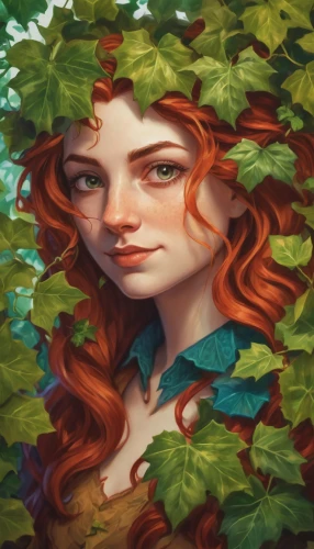 merida,poison ivy,fae,ivy,dryad,flora,girl with tree,fantasy portrait,background ivy,girl in a wreath,girl in the garden,bunches of rowan,forest clover,digital painting,rowan,rapunzel,girl in flowers,red-haired,mystical portrait of a girl,rusalka,Conceptual Art,Fantasy,Fantasy 31