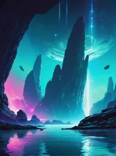 futuristic landscape,fantasy landscape,ice planet,alien world,blue caves,alien planet,blue cave,the blue caves,ice cave,space art,vast,sea caves,borealis,fractal environment,fantasy picture,lagoon,world digital painting,underwater landscape,3d fantasy,scifi,Conceptual Art,Sci-Fi,Sci-Fi 04