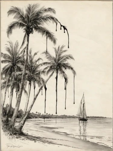 sailboats,palm pasture,coconut grove,sailboat,sailing boats,beach landscape,landscape with sea,palmtrees,coconut palms,sail boat,waikiki beach,coastal landscape,sailing boat,coconut trees,lithograph,vintage drawing,sailing-boat,date palms,two palms,edward lear,Illustration,Black and White,Black and White 34