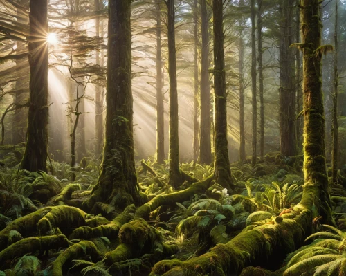 old-growth forest,tropical and subtropical coniferous forests,spruce forest,forest moss,coniferous forest,fir forest,foggy forest,northwest forest,vancouver island,temperate coniferous forest,spruce-fir forest,forest floor,ferns,redwoods,elven forest,tree ferns,forest glade,forest landscape,fairy forest,green forest,Conceptual Art,Fantasy,Fantasy 07