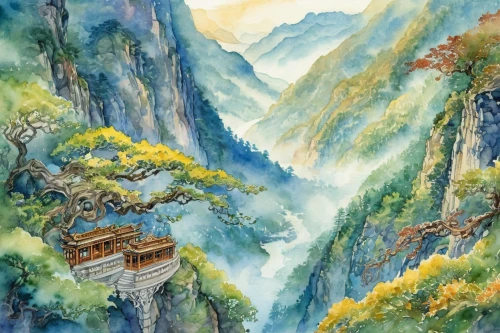 huashan,zhangjiajie,guizhou,huangshan maofeng,khokhloma painting,watercolor background,tigers nest,watercolor tea shop,mountain scene,yunnan,nước chấm,mountain landscape,bhutan,ha giang,annapurna,wuyi,diaojiaolou,mountainous landscape,vietnam,watercolor painting,Illustration,Retro,Retro 13