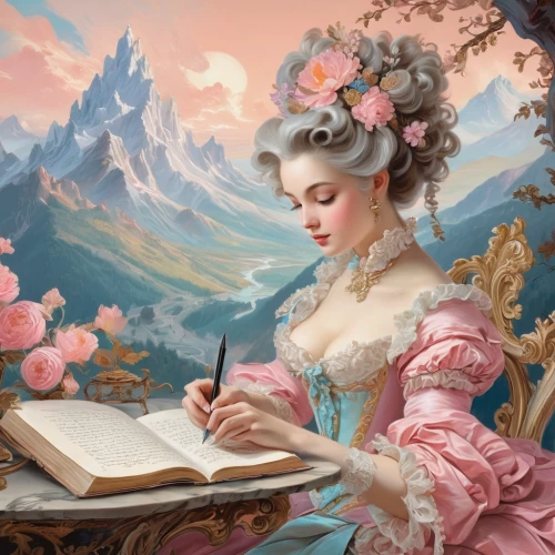 to write,meticulous painting,writing-book,fantasy portrait,fantasy picture,fantasy art,girl studying,love letter,learn to write,fairy tale character,writer,write,world digital painting,flower painting,cinderella,eglantine,writing about,romantic portrait,french writing,a letter,Conceptual Art,Fantasy,Fantasy 24