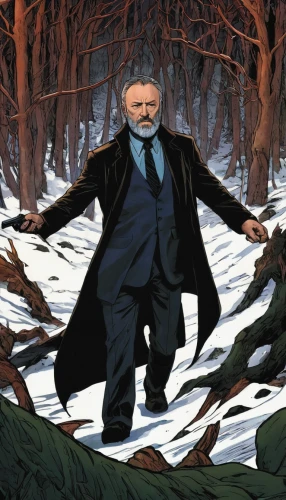 father frost,johannes brahms,hitchcock,wolfman,woodsman,farmer in the woods,forest man,overcoat,rasputin,nicholas boots,christmas carol,slender,frock coat,walking man,douglas' meadowfoam,mystery man,cryptid,iceman,psychoanalysis,henchman,Illustration,American Style,American Style 08