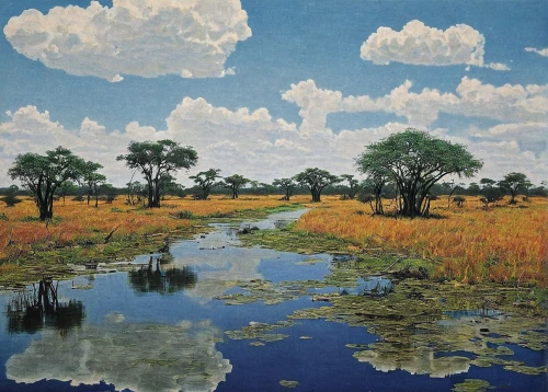 freshwater marsh,river landscape,tidal marsh,brook landscape,botswana,wetlands,salt meadow landscape,dutch landscape,khokhloma painting,marsh,wetland,meadow landscape,rural landscape,ricefield,grasslands,landscape,panoramic landscape,rice fields,river delta,the rice field,Art,Classical Oil Painting,Classical Oil Painting 11