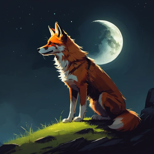 a fox,fox,foxes,cute fox,red fox,adorable fox,little fox,constellation wolf,dhole,night watch,redfox,moonlit night,desert fox,child fox,full moon,howling wolf,fox stacked animals,moonlit,howl,dusk background,Conceptual Art,Fantasy,Fantasy 06