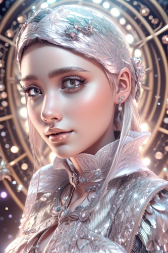 fantasy portrait,elsa,the snow queen,elven,zodiac sign libra,aurora,ice princess,ice queen,silver,fantasy art,horoscope libra,violet head elf,sci fiction illustration,white rose snow queen,fairy tale character,silvery,libra,winterblueher,suit of the snow maiden,games of light