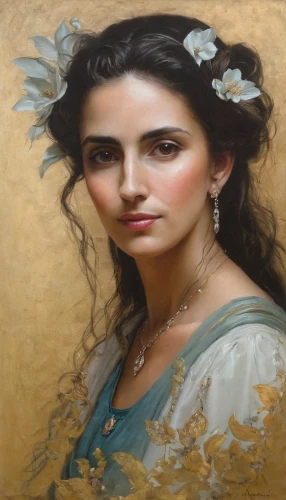 oil painting,oil painting on canvas,italian painter,assyrian,romantic portrait,art painting,mystical portrait of a girl,young woman,cepora judith,portrait of a girl,thracian,artemisia,jasmine blossom,oil paint,gilding,mary-gold,fantasy portrait,meticulous painting,girl with cloth,woman portrait,Illustration,Realistic Fantasy,Realistic Fantasy 16