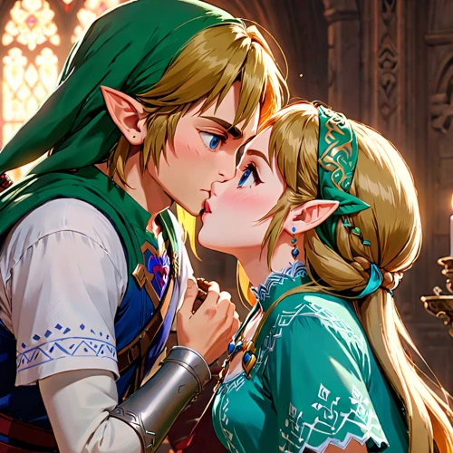 link,smooch,rupees,cheek kissing,link outreach,first kiss,girl kiss,kissing,boy kisses girl,a fairy tale,whispering,fairy tale,kiss,affection,making out,elf,pda,the hands embrace,amorous,young couple,Anime,Anime,General