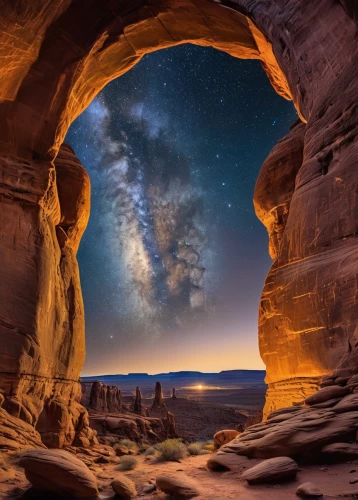 arches national park,united states national park,rock arch,moon valley,natural arch,valley of the moon,fairyland canyon,cliff dwelling,the milky way,three point arch,three centered arch,astronomy,milky way,stargate,half arch,desert landscape,bryce canyon,desert desert landscape,milkyway,red canyon tunnel,Illustration,Realistic Fantasy,Realistic Fantasy 13