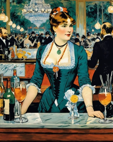 barmaid,bartender,apéritif,aperitif,absinthe,woman at cafe,sazerac,snifter,cointreau,drinking establishment,vintage art,vintage illustration,stemware,barman,liquor bar,a drink,campari,drinks,soda fountain,aperol,Illustration,Black and White,Black and White 04