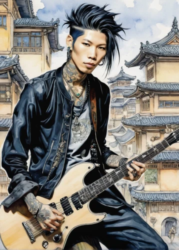 noodle image,guitar player,yukio,guitarist,lead guitarist,guitar,noodle,guitor,oriental painting,painted guitar,concert guitar,cool woodblock images,japanese art,rock music,electric guitar,punk,chinese art,shinigami,luthier,world digital painting,Illustration,Paper based,Paper Based 29