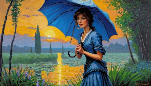 mary poppins,blue rain,oil painting on canvas,oil painting,girl on the river,summer umbrella,monsoon,majorelle blue,blue painting,romantic portrait,man with umbrella,art painting,brolly,light rain,umbrellas,walking in the rain,blue lamp,david bates,woman with ice-cream,southern belle,Illustration,American Style,American Style 07
