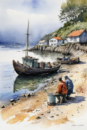 fishing village,fishing boats,fishermen,watercolor,fishing trawler,watercolor painting,fishing boat,small boats on sea,fisherman,watercolor shops,coastal landscape,fisherman's hut,watercolour,wooden boats,watercolor paint,boat landscape,breton,beach landscape,beachcombing,harbour,Photography,Black and white photography,Black and White Photography 01