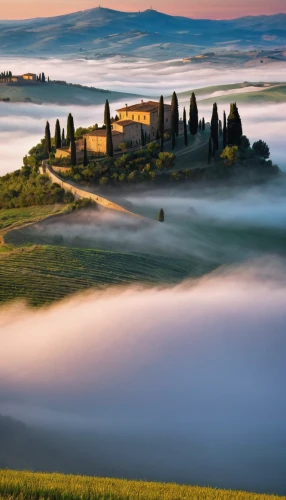 tuscany,tuscan,foggy landscape,italy,morning mist,volterra,italia,piemonte,beautiful landscape,veneto,monferrato,landscape photography,fog banks,landscapes beautiful,florence,campagna,mist,wave of fog,belvedere,above the clouds,Illustration,American Style,American Style 08