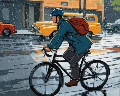cyclist,commuter,bicycling,bicycle,city bike,bicycle clothing,bicycle ride,commute,bicycle helmet,bicycles,cycling,biking,electric bicycle,commuting,bicycle riding,bicycle lane,a pedestrian,man with umbrella,brompton,artistic cycling,Illustration,American Style,American Style 09
