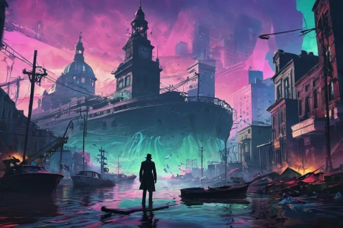 fantasy city,cyberpunk,harbor,destroyed city,dystopia,world digital painting,cityscape,fantasy world,fantasy picture,fantasia,transistor,harbour city,colorful city,fantasy landscape,3d fantasy,dream world,dusk,orchestral,music background,musical background,Conceptual Art,Daily,Daily 21
