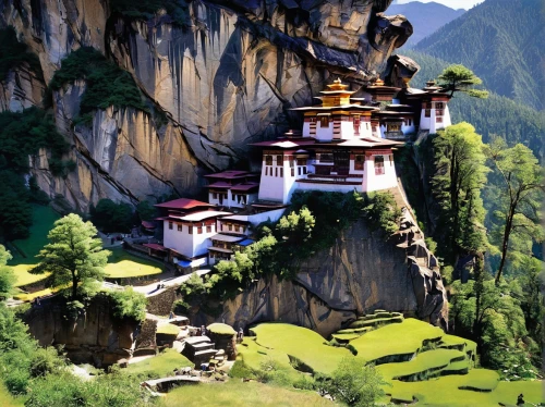 bhutan,tibet,tigers nest,house in mountains,monastery,mountain settlement,yunnan,mountainous landscape,mountain huts,chinese temple,guizhou,unesco world heritage site,buddhist temple,hanging temple,terraced,guilin,asian architecture,house in the mountains,mountain village,unesco world heritage,Illustration,Paper based,Paper Based 23
