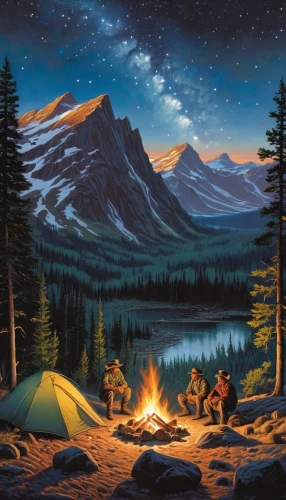 campfires,campfire,camping,campsite,campground,camping tents,camping car,travel trailer poster,tent camping,camping equipment,campire,camp fire,campers,camping tipi,tourist camp,free wilderness,west canada,camping gear,fishing camping,night scene,Illustration,Retro,Retro 14