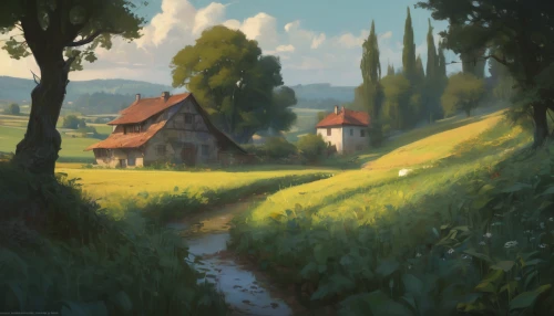 home landscape,rural landscape,countryside,lonely house,farmstead,little house,farm landscape,small house,summer cottage,small landscape,salt meadow landscape,green landscape,green meadow,cottage,village life,meadow landscape,homestead,house in the forest,rural,idyll,Conceptual Art,Fantasy,Fantasy 01