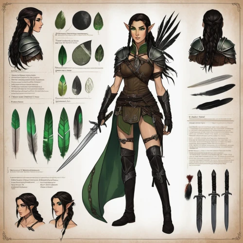 female warrior,quarterstaff,elven,vax figure,swordswoman,bow and arrows,arrow set,dark elf,male elf,blade of grass,massively multiplayer online role-playing game,hand draw arrows,heroic fantasy,warrior woman,huntress,half orc,aesulapian staff,anahata,bows and arrows,scabbard,Unique,Design,Character Design