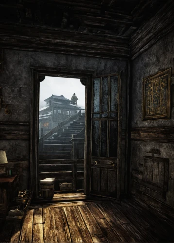 the threshold of the house,skyrim,peter-pavel's fortress,castle of the corvin,dormitory,creepy doorway,abandoned room,house entrance,apartment house,hall of the fallen,ornate room,ancient house,old home,homestead,tenement,penumbra,winding staircase,wooden windows,panopticon,wooden door,Photography,Black and white photography,Black and White Photography 02