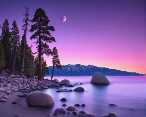 purple landscape,lake tahoe,purple moon,landscape background,tahoe,moonrise,purple wallpaper,moon and star background,pink dawn,beautiful landscape,background view nature,background with stones,full hd wallpaper,landscapes beautiful,nature landscape,mountain beach,splendid colors,moonscape,purple and pink,tranquility,Photography,Artistic Photography,Artistic Photography 11