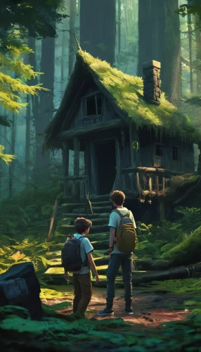 forest workers,house in the forest,log home,wooden hut,log cabin,little house,travelers,small cabin,old home,farmer in the woods,game illustration,pines,summer cottage,logging,cottage,studio ghibli,wooden house,my neighbor totoro,forest workplace,wilderness,Conceptual Art,Fantasy,Fantasy 02