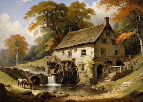 water mill,dutch mill,old mill,robert duncanson,water wheel,autumn landscape,rural landscape,autumn idyll,home landscape,brook landscape,gristmill,farm landscape,country cottage,mill,flour mill,andreas achenbach,fall landscape,village scene,post mill,dutch landscape,Illustration,Paper based,Paper Based 23