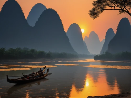 guilin,river landscape,vietnam,viet nam,wuyi,boat landscape,guizhou,beautiful landscape,vietnam's,pearl river,mekong,ham ninh,southeast asia,mekong river,yunnan,canoes,han thom,vietnam vnd,row boats,landscape background,Art,Classical Oil Painting,Classical Oil Painting 38