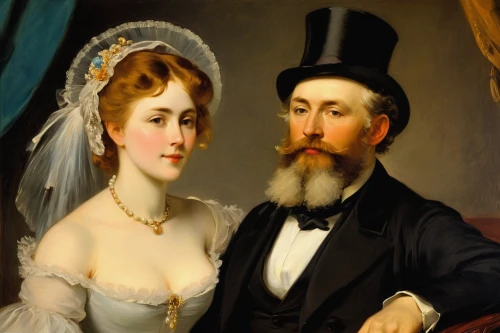 man and wife,young couple,the victorian era,vintage man and woman,wedding couple,xix century,victorian fashion,stovepipe hat,man and woman,napoleon iii style,courtship,romantic portrait,bougereau,bride and groom,franz winterhalter,engagement,husband and wife,as a couple,victorian style,wedding icons,Illustration,Realistic Fantasy,Realistic Fantasy 01