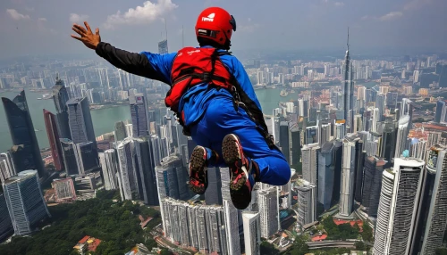 base jumping,spiderman,tandem jump,skycraper,spider man,parachute jumper,spider-man,abseiling,figure of paragliding,skydive,skydiver,harness paragliding,paraglider takes to the skies,tandem skydiving,34 meters high,kuala lumpur,skydiving,bungee jumping,above the city,leap of faith,Conceptual Art,Oil color,Oil Color 03