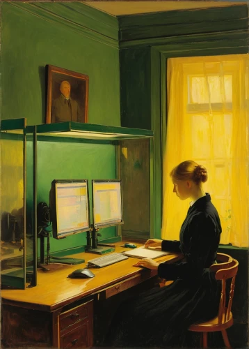 girl at the computer,man with a computer,girl studying,computer room,woman sitting,computer,computer addiction,yellow light,night administrator,computer monitor,study room,writing desk,computer desk,secretary desk,woman thinking,computer art,self-portrait,woman playing,desk,consulting room,Art,Classical Oil Painting,Classical Oil Painting 20