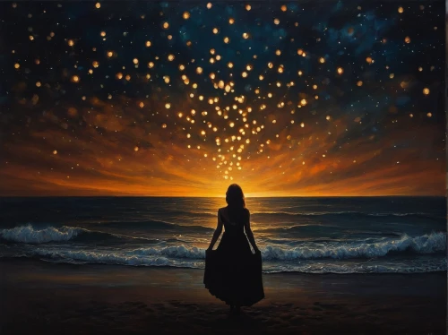 light bearer,guiding light,falling star,light of night,mystical portrait of a girl,falling stars,incandescent,starfield,inner light,oil painting on canvas,dreams catcher,sea night,fantasia,queen of the night,the endless sea,the stars,celestial,night stars,fantasy picture,lights serenade,Photography,Artistic Photography,Artistic Photography 14