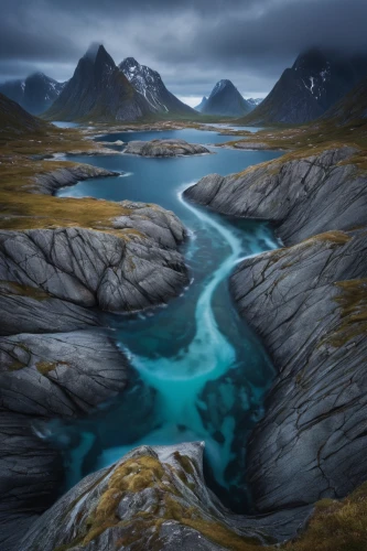 nordland,northern norway,glacial landform,lofoten,fjords,fjord,norway coast,glacial melt,greenland,river landscape,fantasy landscape,world digital painting,baffin island,northrend,braided river,glacial lake,thermokarst,mountain river,ringedalsvannet,flowing water,Illustration,Black and White,Black and White 07